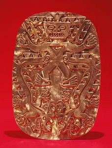 Placa en relieve que representa un dios cocodrilo, de Sitio Conte, Provincia de Coclé, Panamá, estilo Coclé tardío de Pre Columbian